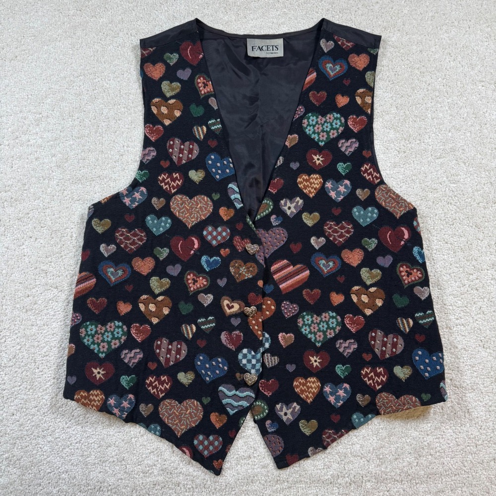 Facets Tapestry Vest Women's 1X Black Heart Print Vintage Metal Button Front - Picture 2 of 9